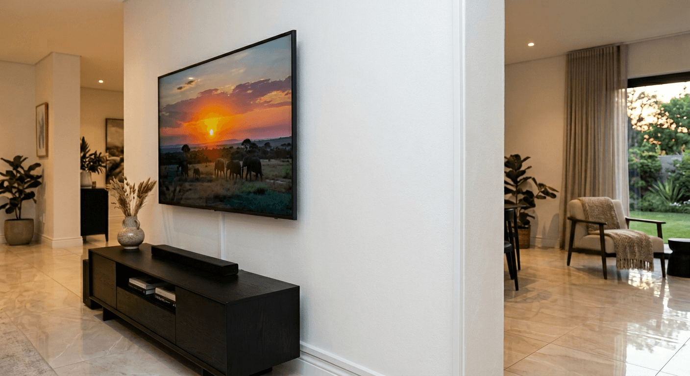 Cables neatly concealed behind a TV wall installation