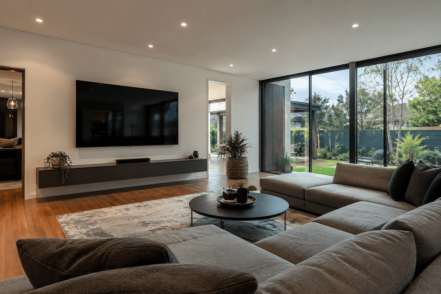 TV mounted flush on a living room wall
